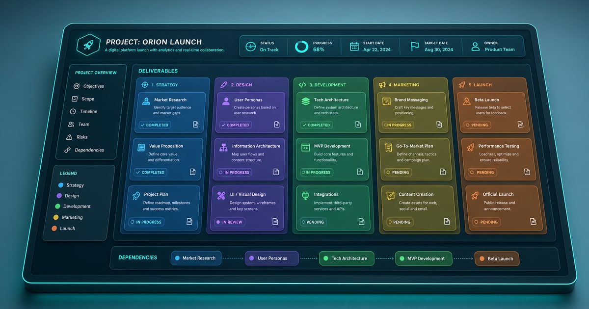 An ISO50-style 3D isometric render of a glowing teal digital workbench showing a single organized project board with color-coded deliverable cards arranged in clean geometric rows, wide horizontal com