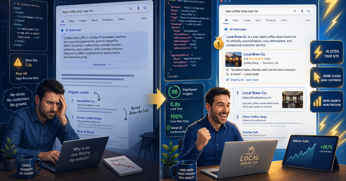 A split-scene digital illustration in a clean, modern style: on the left, a frustrated small business owner at a desk scrolling a laptop with AI Overviews burying organic search results below dense te