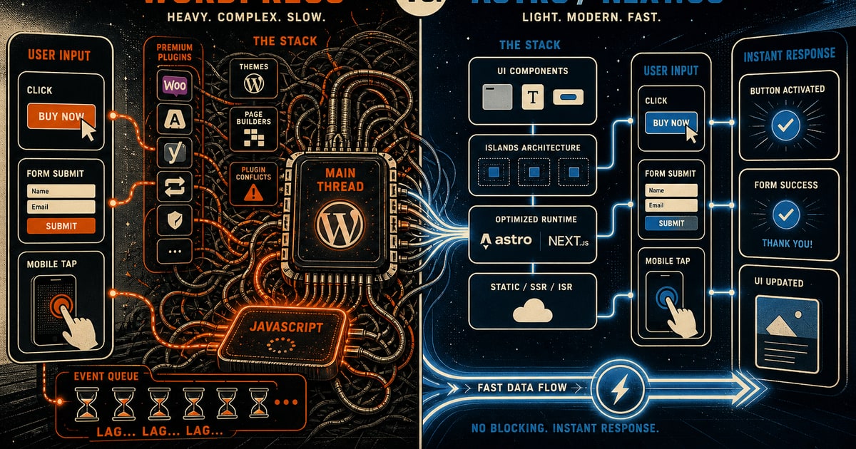 A retro-futuristic lithograph poster split scene showing two website architectures in action. On the left, a cluttered WordPress setup represented by tangled wires, stacked plugin icons, and heavy glo