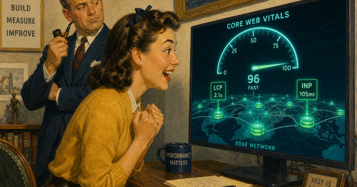 Norman Rockwell-esque animation of an excited woman in front of a monitor showing a glowing teal Core Web Vitals speedometer floating above an edge network grid, with LCP and INP metric nodes pulsing
