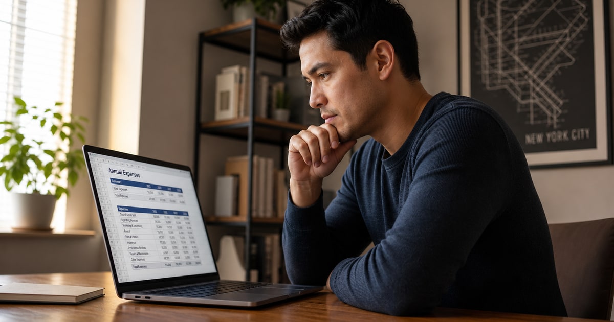 A mixed white/filipino with short black hair small business owner reviewing a laptop screen showing a spreadsheet with annual expenses, sitting at a wooden desk in a warmly lit home office, shot from