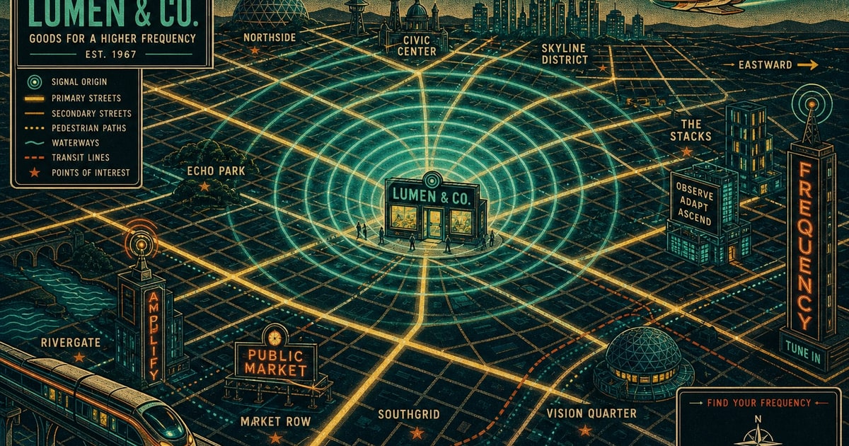 A retro-futuristic lithograph of a city street map rendered as a glowing geometric grid, with one intersection radiating teal concentric signal rings outward from a storefront at the center of the fra