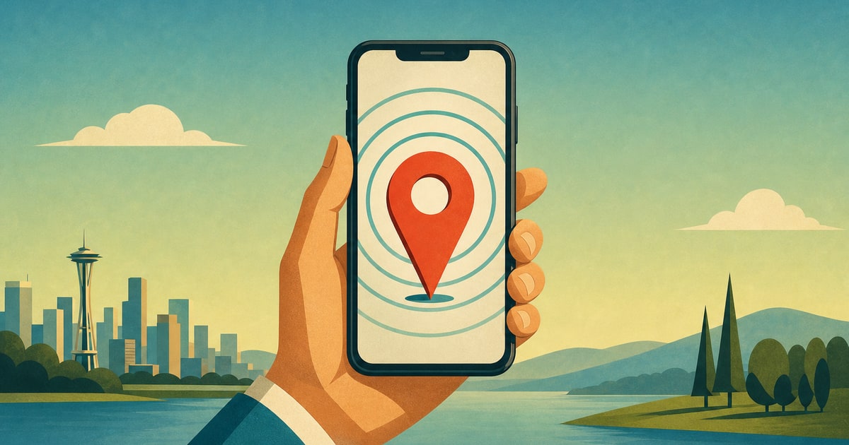 A stylized mid-century illustration of a mobile phone held upright in a hand, its screen filled with a single bold map pin and radiating teal arcs, set against a soft gradient background of blue and g