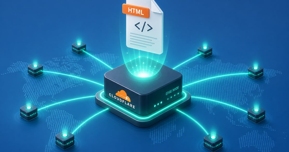 A clean 3D isometric render of a glowing Cloudflare edge network node radiating teal light outward, with a single pre-built HTML file floating above it mid-delivery against a soft blue gradient backgr