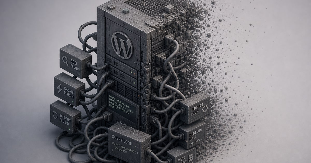 A 3D isometric WordPress server tower tangled in winding plugin cables and query loops, rendered in muted grays, slowly dissolving at its edges into open space.