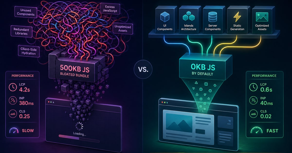 Dual-panel infographic in SaaS aesthetic: left side shows bloated AI-generated website code as tangled neon wires and heavy blocks falling into a slow-loading browser, right side contrasts with clean