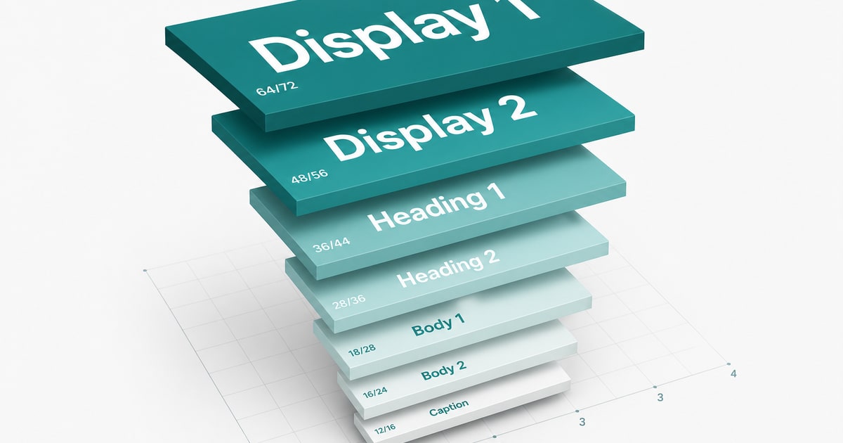 A 3D isometric render of a single typographic scale rendered as floating geometric slabs in a teal-and-white palette, arranged in a clean descending hierarchy above a minimal grid baseline.