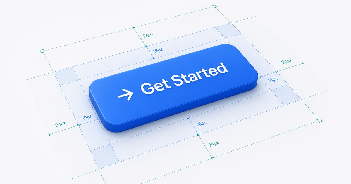 A wide isometric scene of a single large call-to-action button component suspended in soft light, surrounded by precise spacing guides rendered as translucent geometric lines in teal and pale blue.