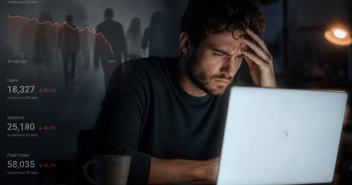 A frustrated user staring at a blank, slowly loading website on a modern laptop, subtle loading spinner barely visible, expression shifting from curiosity to impatience, dimly lit room with glow from