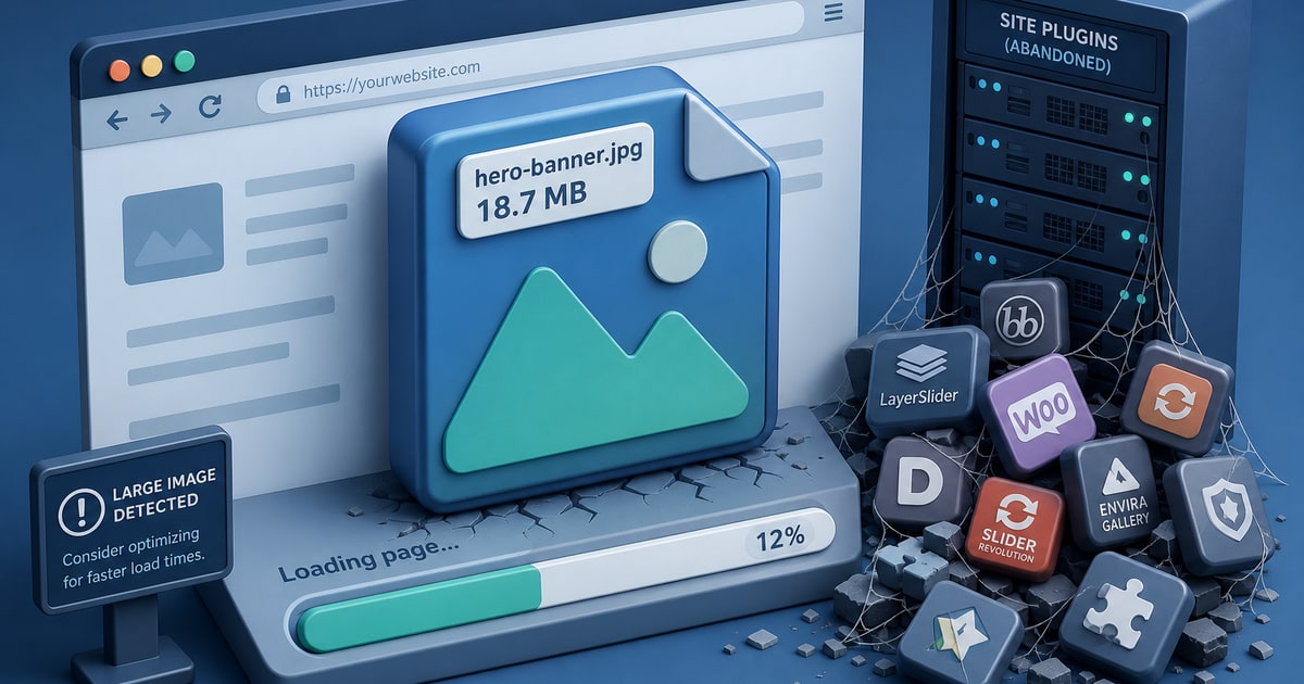 A 3D isometric render of an oversized image file bloating a webpage's load bar, surrounded by small abandoned plugin icons piling up on a server rack, in a soft blue and teal palette.