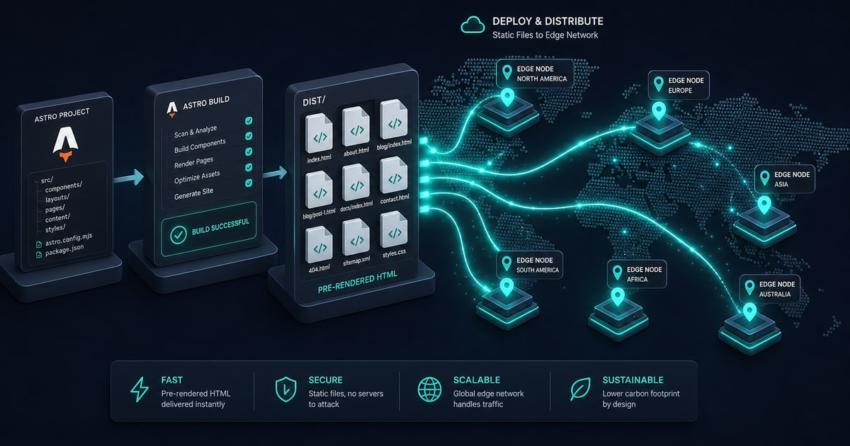 A 3D isometric render of a clean Astro static site build process showing pre-rendered HTML files being distributed outward across glowing teal edge network nodes, wide horizontal composition.