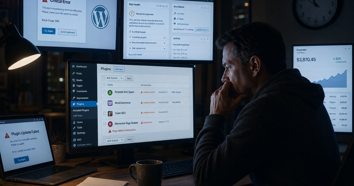 A small business owner sitting at a desk late at night, surrounded by glowing computer screens showing WordPress dashboards, plugin warnings, error messages, and rising cost graphs, subtle stress on t
