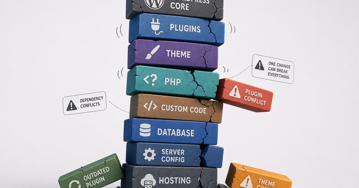 A visual metaphor of a tall, unstable tower made of labeled blocks like WordPress Core, Plugins, Theme, PHP, and Hosting, with some blocks cracking or shifting out of place, symbolizing instability an