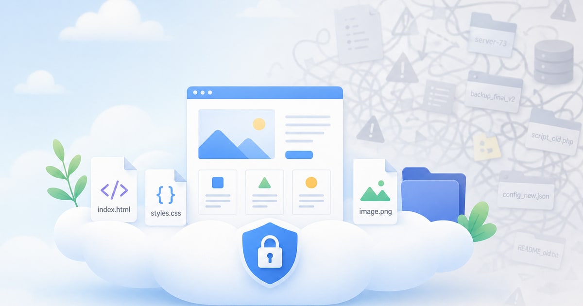 A calm, minimal scene of a lightweight website represented as clean flat files or simple geometric shapes sitting securely on a cloud platform, contrasted with faint faded chaos in the background, bri