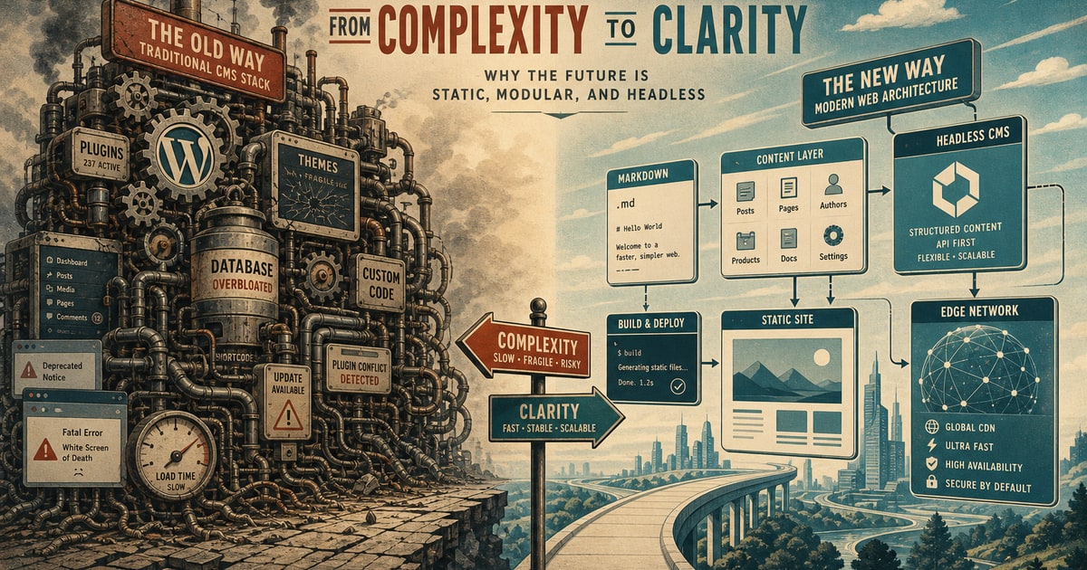 Create a retro futuristic lithograph-style editorial illustration that supports an essay about the decline of WordPress and the shift toward markdown-based static sites and headless CMS architecture.