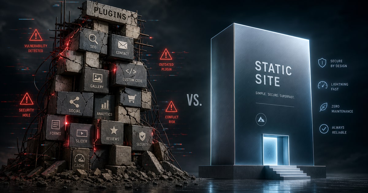 A cinematic editorial illustration of a small business website represented as a fragile structure built from mismatched plugin blocks, each block labeled subtly with generic UI icons, some cracked or
