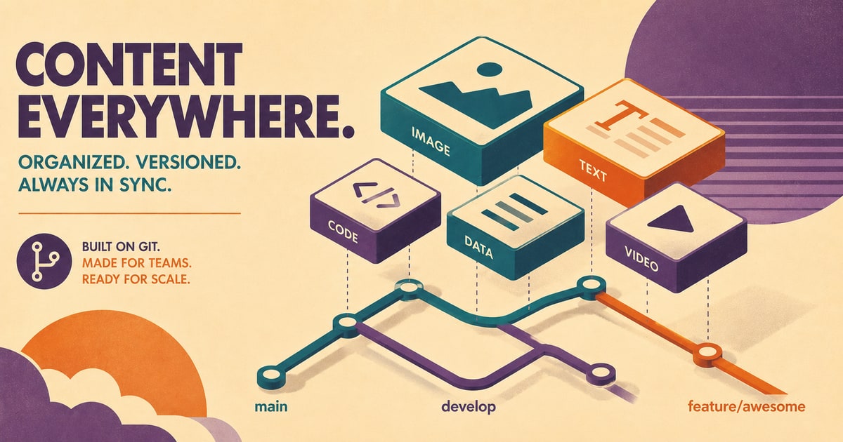 Isometric 3D illustration of floating modular content blocks arranged above clean geometric Git branches, purple accent shapes, airy background with soft shadows.