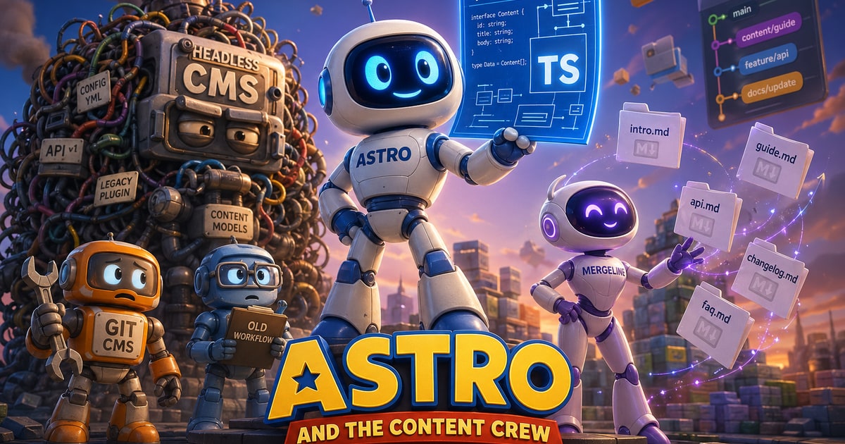 Toy Story–style movie poster, 3D animated. A friendly robot Astro holding a glowing TypeScript blueprint stands heroically in a colorful digital world. Around it: a bulky tangled Headless CMS machine,