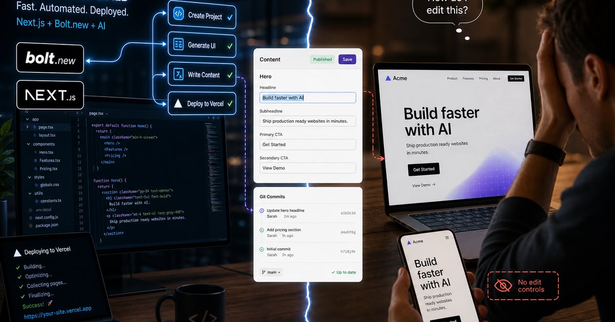 A split-scene composition showing a fast AI-generated website build on one side and post-launch confusion on the other: left side features a sleek developer workspace with code editor (Next.js or Astr