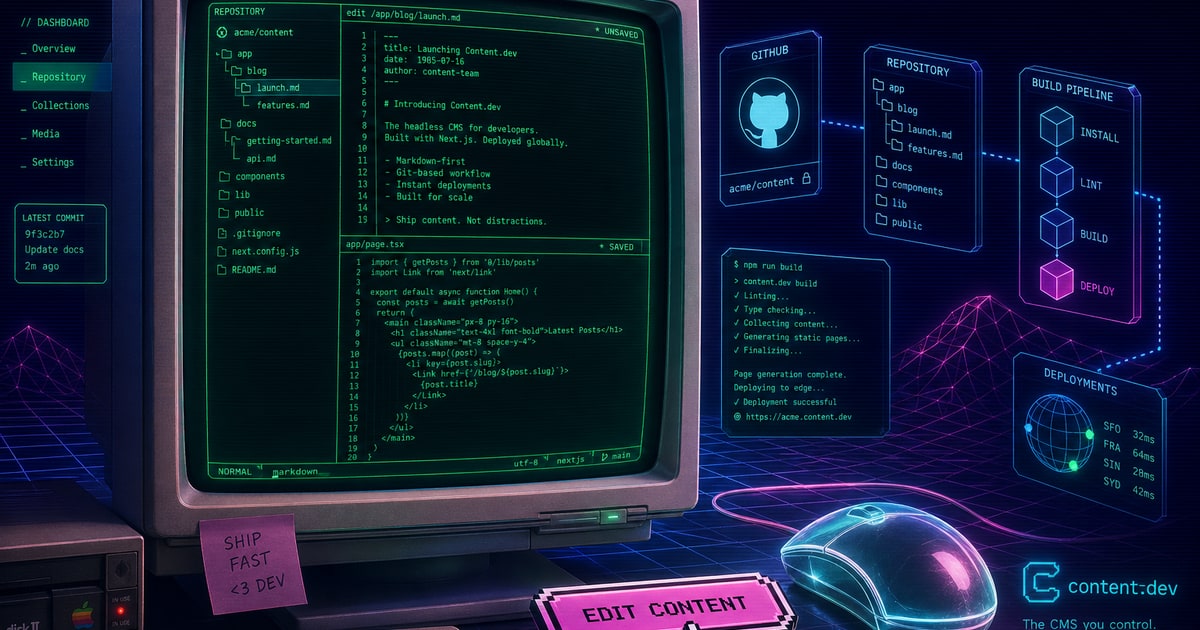 sleek 1980s-inspired SaaS dashboard illustration for a developer tool. Show a glowing CRT monitor displaying clean Next.js code and Markdown files being edited in a retro green terminal. In the foregr
