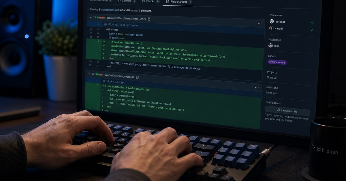 A close-up shot of hands typing on a mechanical keyboard in a dimly lit studio workspace, a monitor in the background displaying a pull request diff with green added lines, cool blue ambient lighting