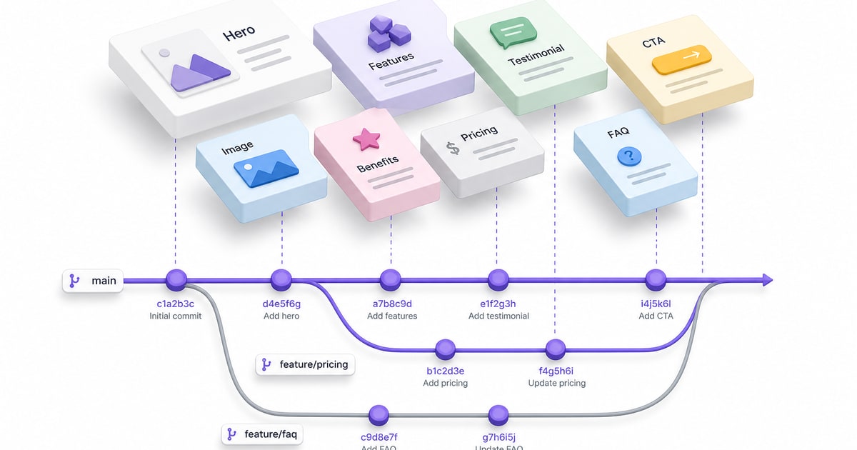 Isometric 3D illustration of floating modular content blocks arranged above a clean Git branch structure, purple accent nodes marking each commit point, airy white background with soft shadows.