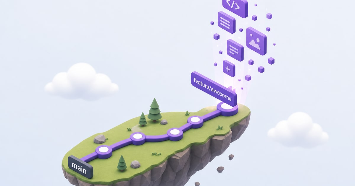 Isometric 3D illustration of a floating Git branch with purple content blocks drifting upward from the tip, clean airy background, soft shadows.