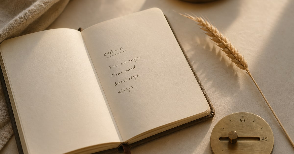 A minimal, moody flat-lay on a warm cream surface. A small open journal with a few sparse handwritten lines, a simple mechanical slider or dial, and a single dried wheat stem resting beside them. Soft