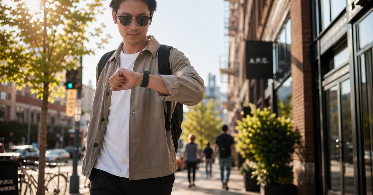 A person glancing at their Apple Watch while walking on a sunlit urban sidewalk in the late morning, warm natural light from the left, shot from a low candid angle at street level with a shallow depth