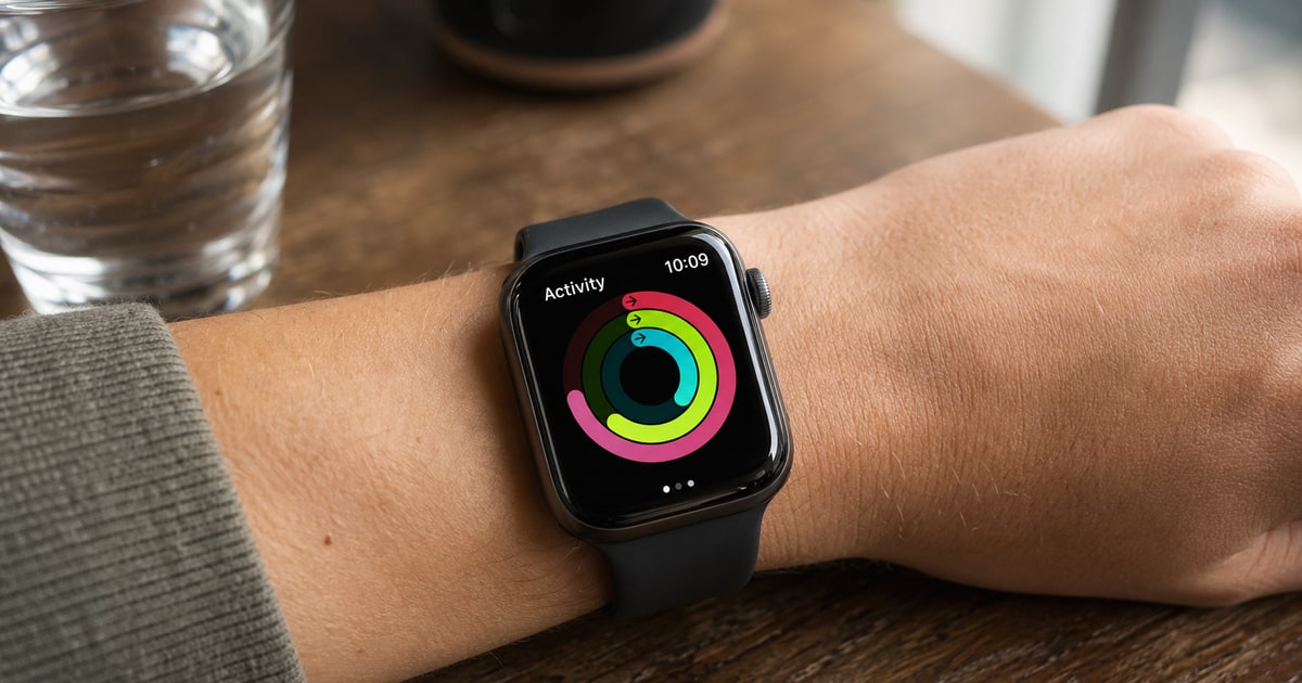 Close-up of an Apple Watch face displaying activity rings on a wrist resting on a wooden café table beside a glass of water, soft diffused window light from the right, editorial macro framing with the