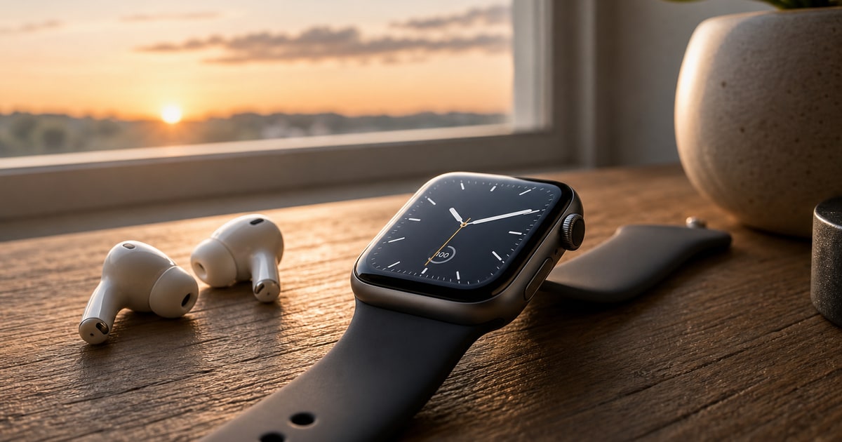 A sleek Apple Watch resting face-up on a wooden surface beside a pair of wireless earbuds, shot close with soft morning window light filling the frame.