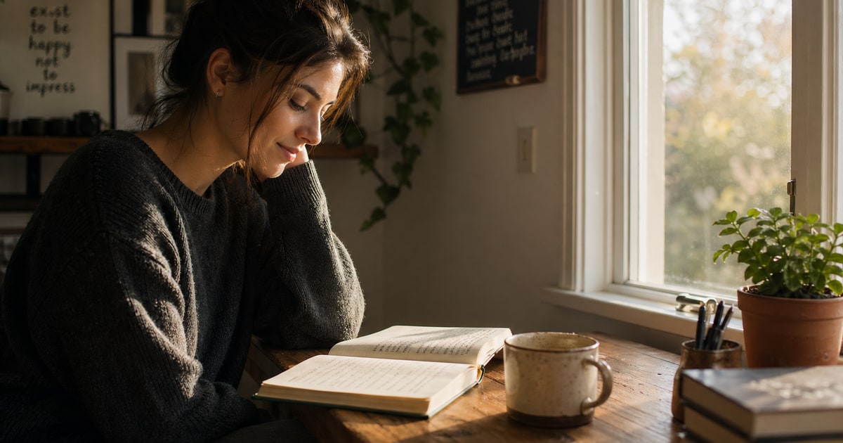 A person sitting at a wooden desk near a sunlit window in the early morning, looking calmly at an open journal with a coffee cup beside them, shot in warm natural side lighting with a shallow depth of