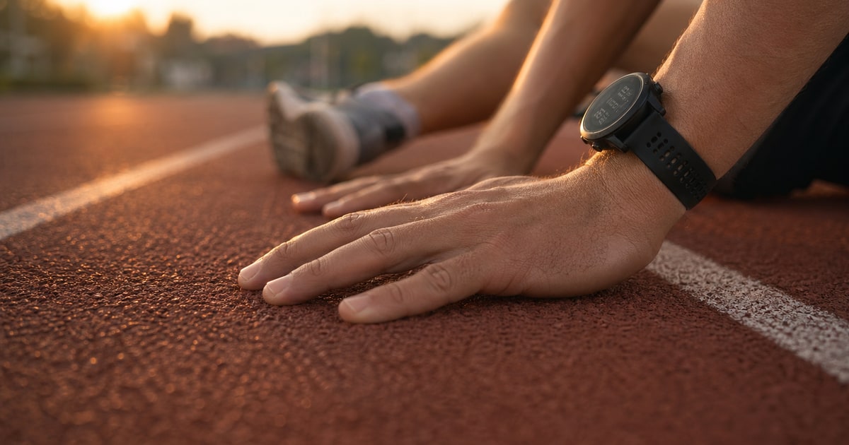 A close-up of a pair of hands resting on a running track in the soft golden light of late afternoon, the person seated and taking a quiet break mid-run, photographed from a low wide angle at track lev