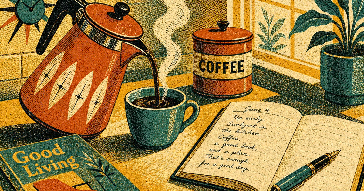 midcentury halftone screen print illustration featuring a retro coffee pot pouring steaming coffee next to an open journal and pen on a sunlit kitchen counter, with subtle dot matrix patterns creating
