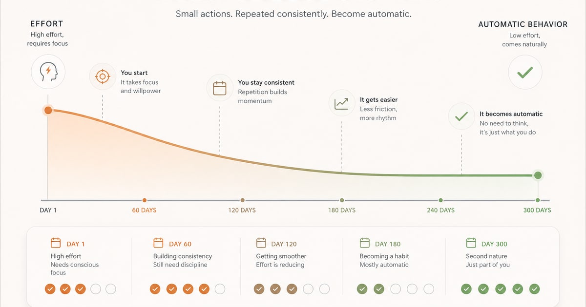 Minimalist illustration of habit formation over time, showing a gradual curve from effort to automatic behavior across 60 to 300 days, soft neutral colors, modern UI-inspired design, subtle icons like