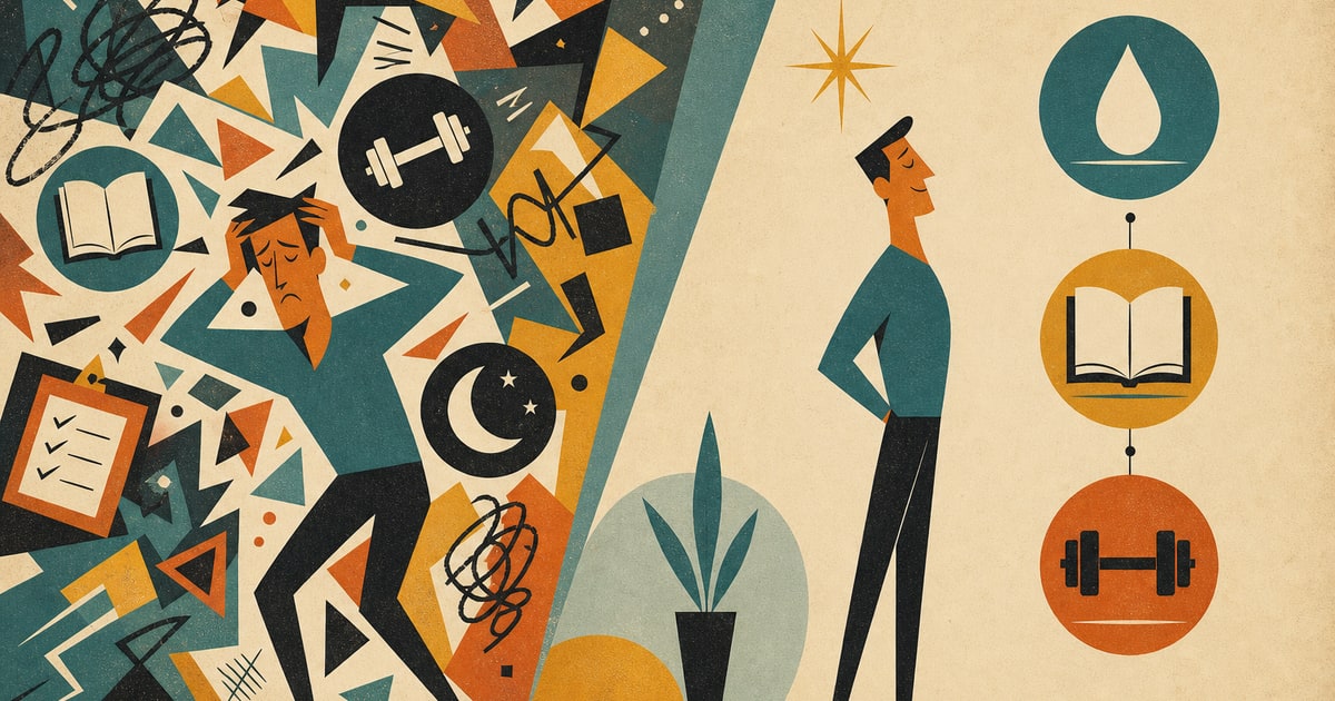 A midcentury modern poster-style illustration showing a person overwhelmed by too many habits on the left side and calm, focused on a few habits on the right side. The left side features a dense clust