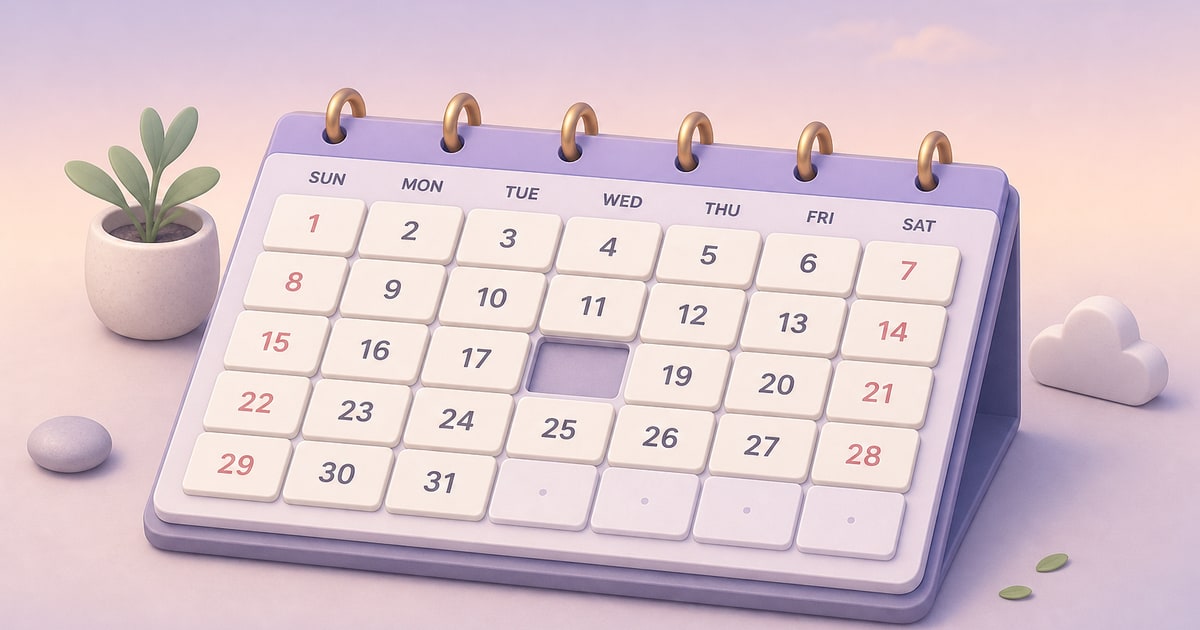 A single clean isometric illustration of a calendar grid with one empty square surrounded by filled squares, rendered in a soft pastel palette with gentle shadows.