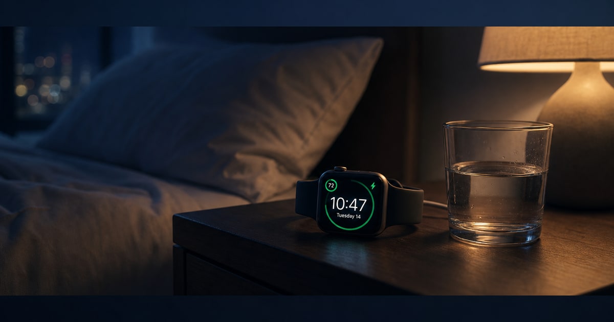 A glowing Apple Watch on a nightstand beside a half-full glass of water, set against soft ambient bedroom light with dim blue-toned shadows.