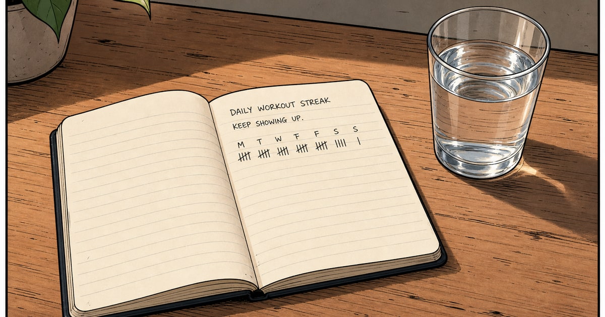 I comic book style format, a single open notebook with a short handwritten streak tally sitting on a wooden desk beside a glass of water, wide horizontal frame, soft natural light, clean minimalist sc