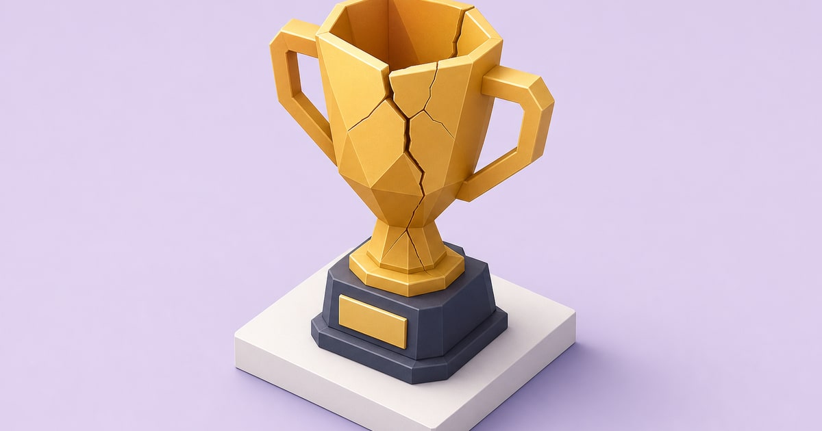A clean 3D isometric illustration of a single cracked geometric trophy sitting on a minimal platform, soft pastel background, subtle shadow beneath it.