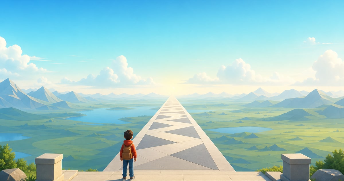 A wide 3D illustration of a lone small figure standing at the start of a long geometric path stretching forward, bright airy colors, gentle gradient sky.