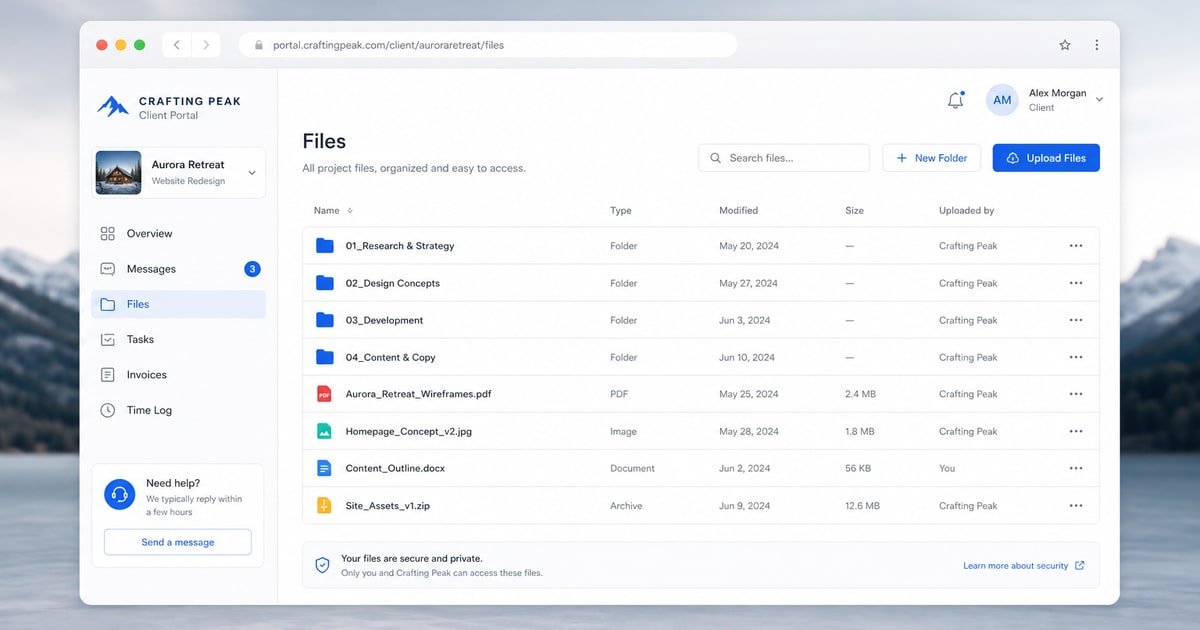 A freelancer's clean SaaS client portal showing organized project files on a light gray desktop browser, soft blue accents, ample white space.