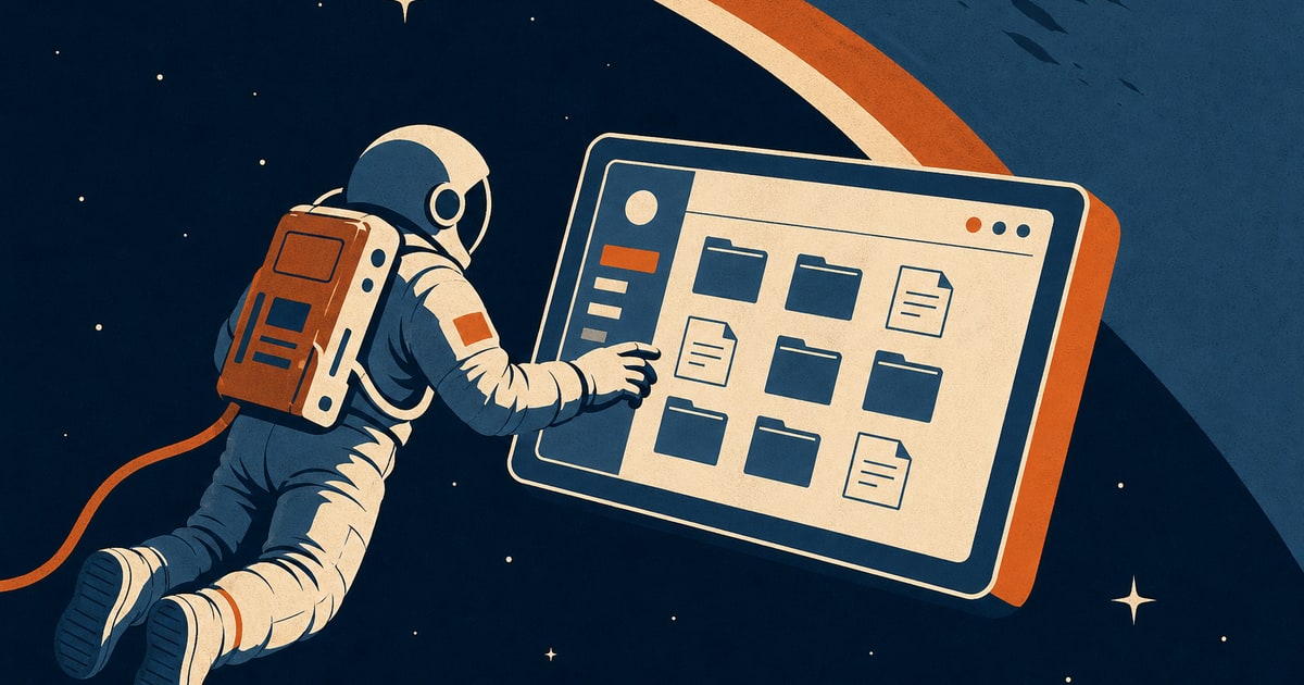 A retro-futurist space agency poster reimagined as a client portal. A lone astronaut floats in front of a glowing terminal screen displaying a clean file interface, rendered in the bold flat graphic s