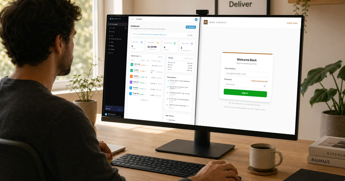 A freelancer at a minimal desk reviewing two open browser tabs on a large monitor, one showing a contact database and one showing a clean branded file-delivery interface, warm natural light from a window