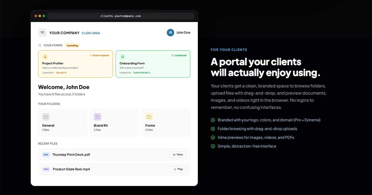 A branded client portal dashboard showing organized project folders with file names, a download button, and a subtle padlock badge, in light blues and grays with ample white space.