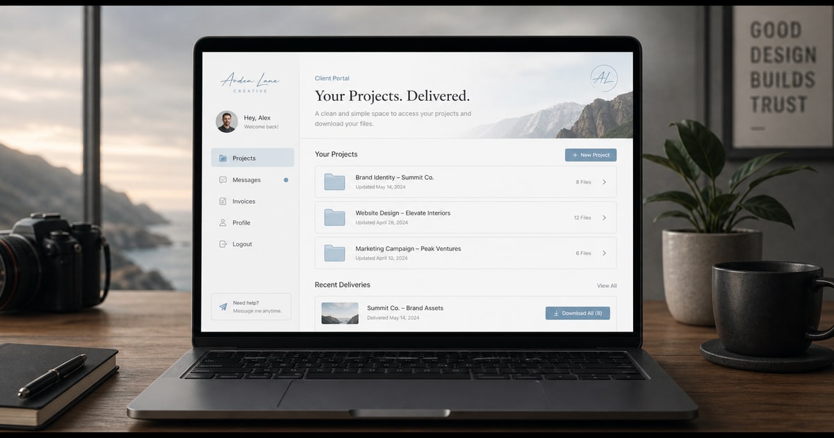 A freelancer's branded client portal displayed on a laptop screen showing organized project folders and clean file delivery interface, gray and light blue palette with ample white space.