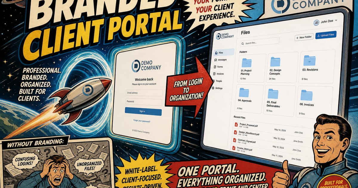 retro comic-style sci-fi advertising illustration with bold oversized typography “Branded Client Portal”, thick outlines, saturated primary colors, dramatic perspective, kinetic motion lines, and a vi
