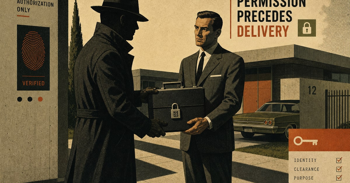 1960s spy-themed midcentury illustration, halftone texture, a shadowed courier figure exchanging a locked briefcase with a professional-looking client, both glancing carefully, minimalist suburban set