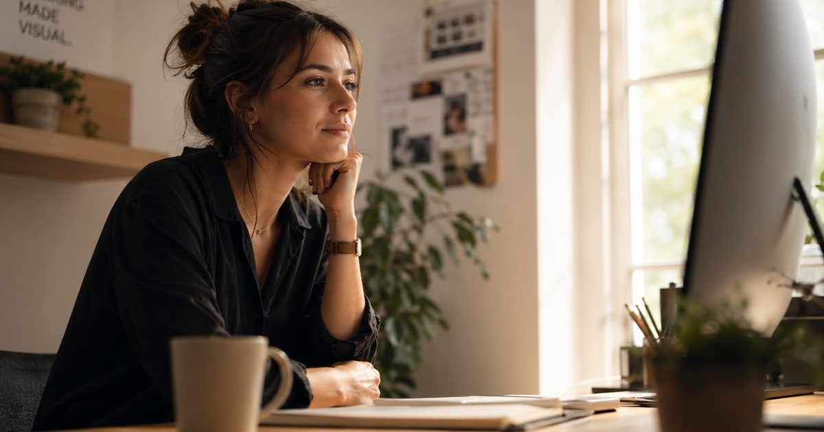 A female freelance designer at a minimal wooden desk reviewing a project delivery on a large monitor, warm morning light coming through a window to the right, shot from a low angle with a shallow dept